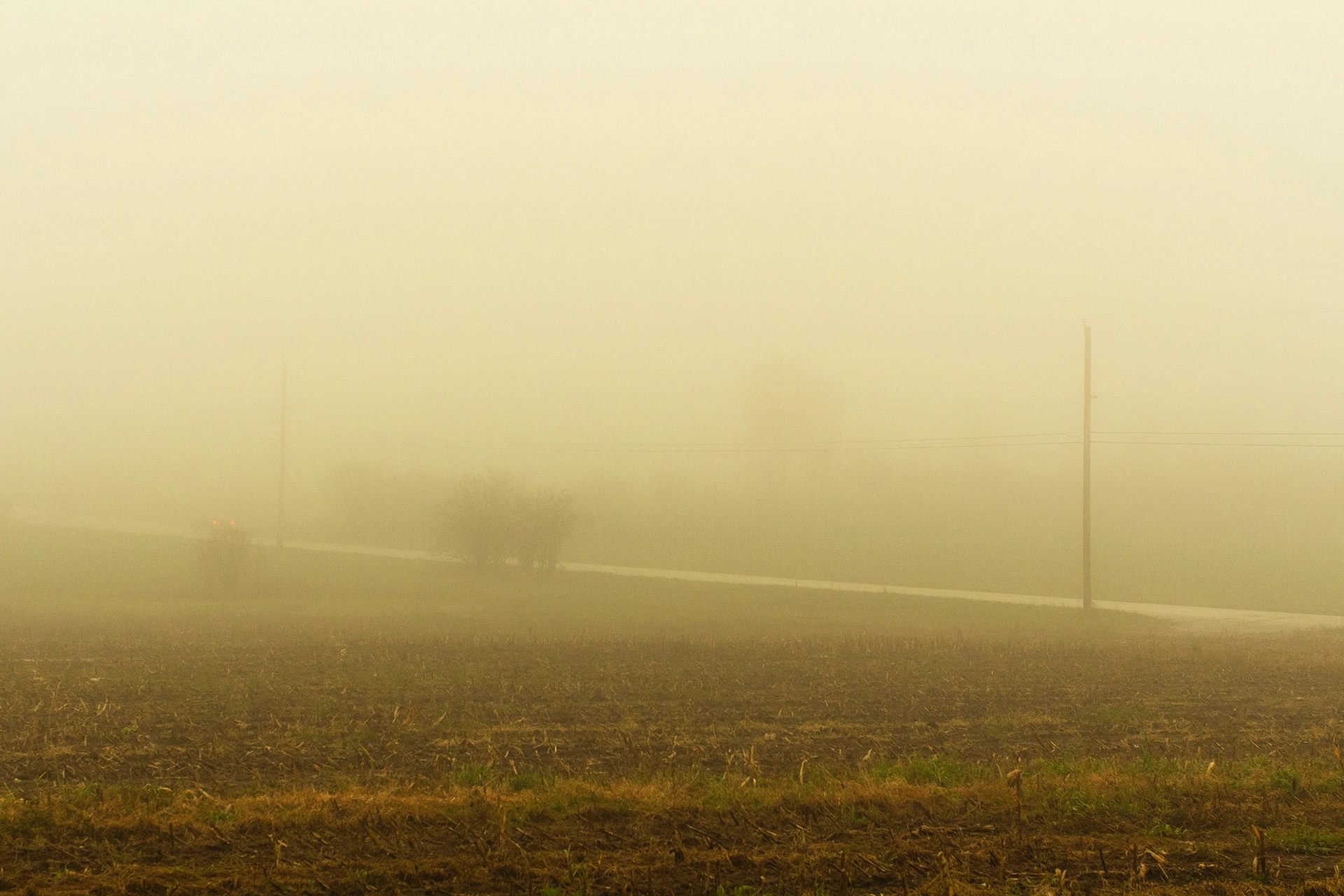 A yellow tinted photograph looking across a field, bisected by a road with telephone poles that disappear into the fog.