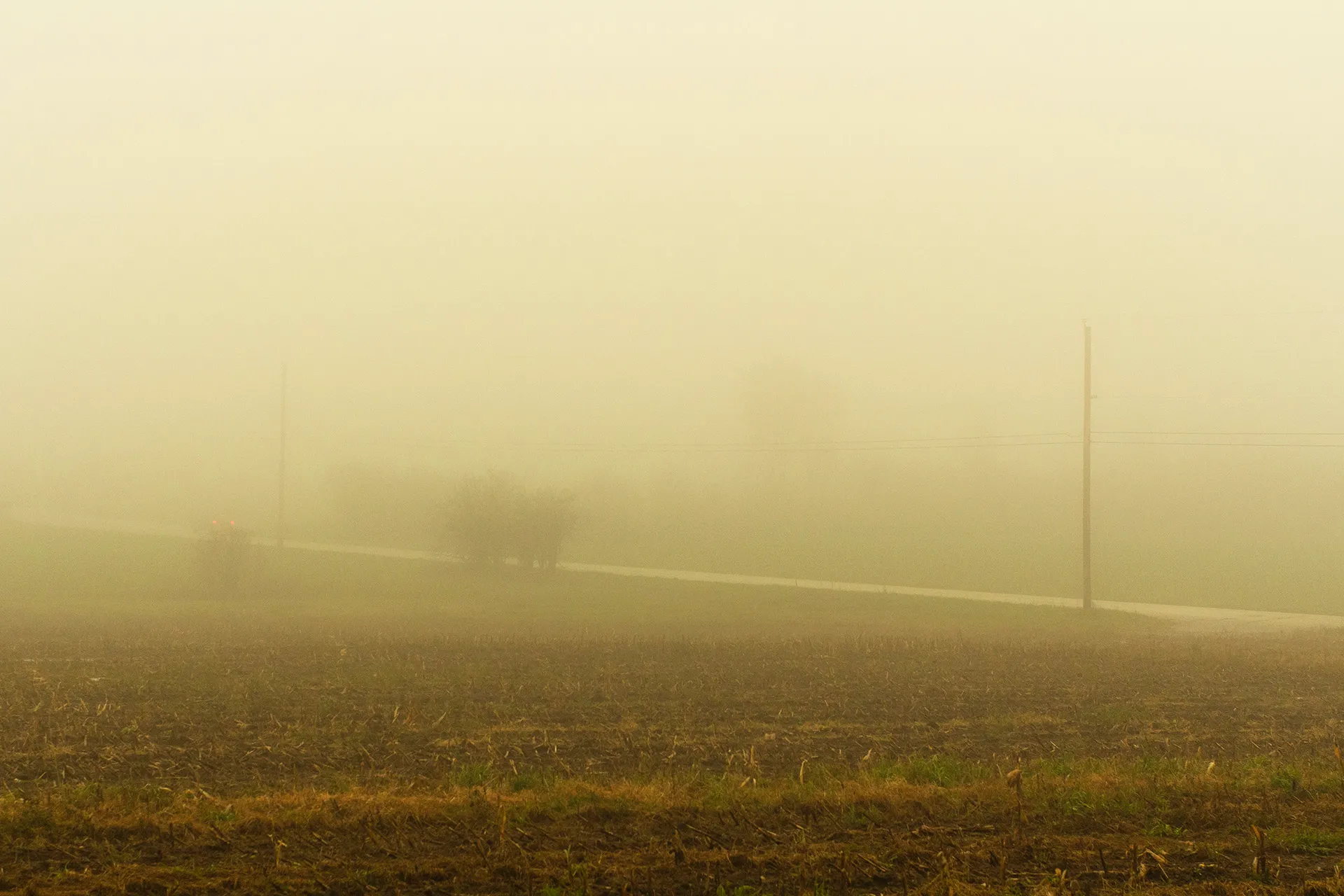 A yellow tinted photograph looking across a field, bisected by a road with telephone poles that disappear into the fog.